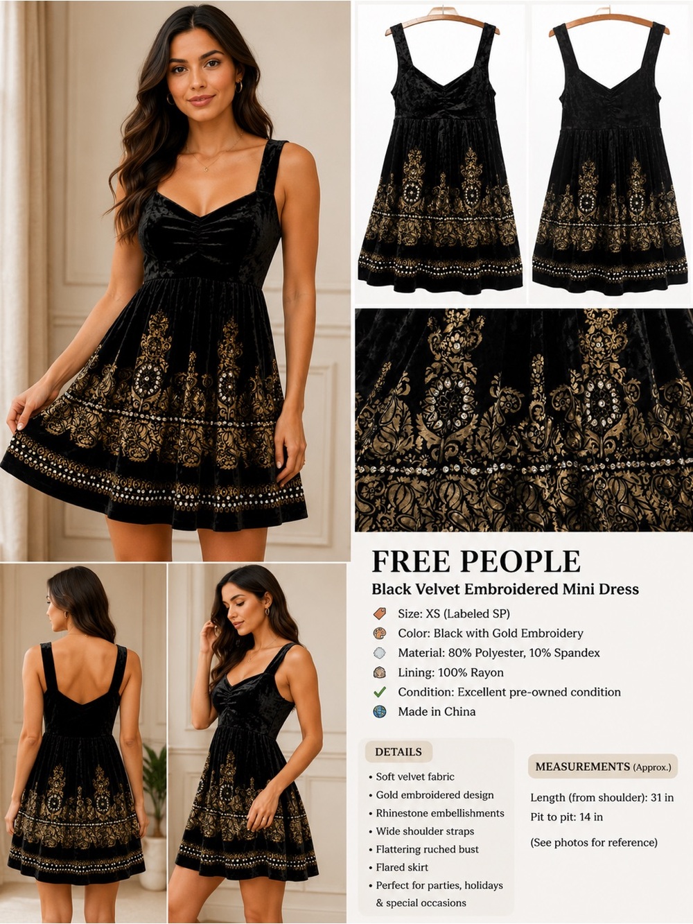 Free People Black Velvet Embroidered Mini Dress Gold Beaded Sleeveless SP XS